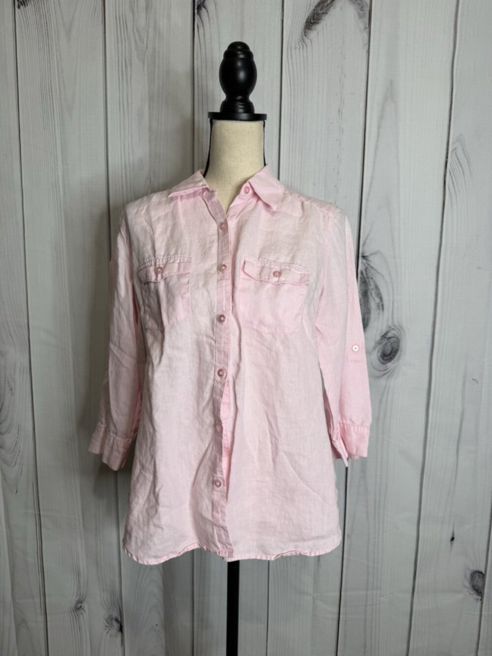Kim Rogers Pink 100% Linen Button Front Shirt Roll Tab 3/4 Sleeve Sz M